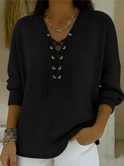 Khatrine™ | Lace-Up V-Neck Knit Sweater