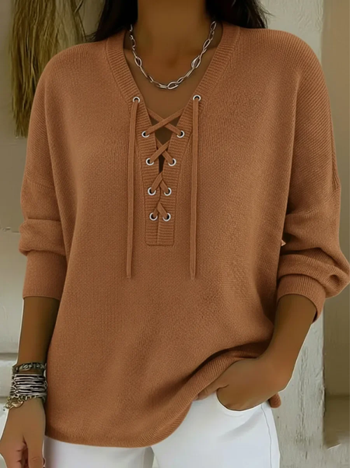 Khatrine™ | Lace-Up V-Neck Knit Sweater