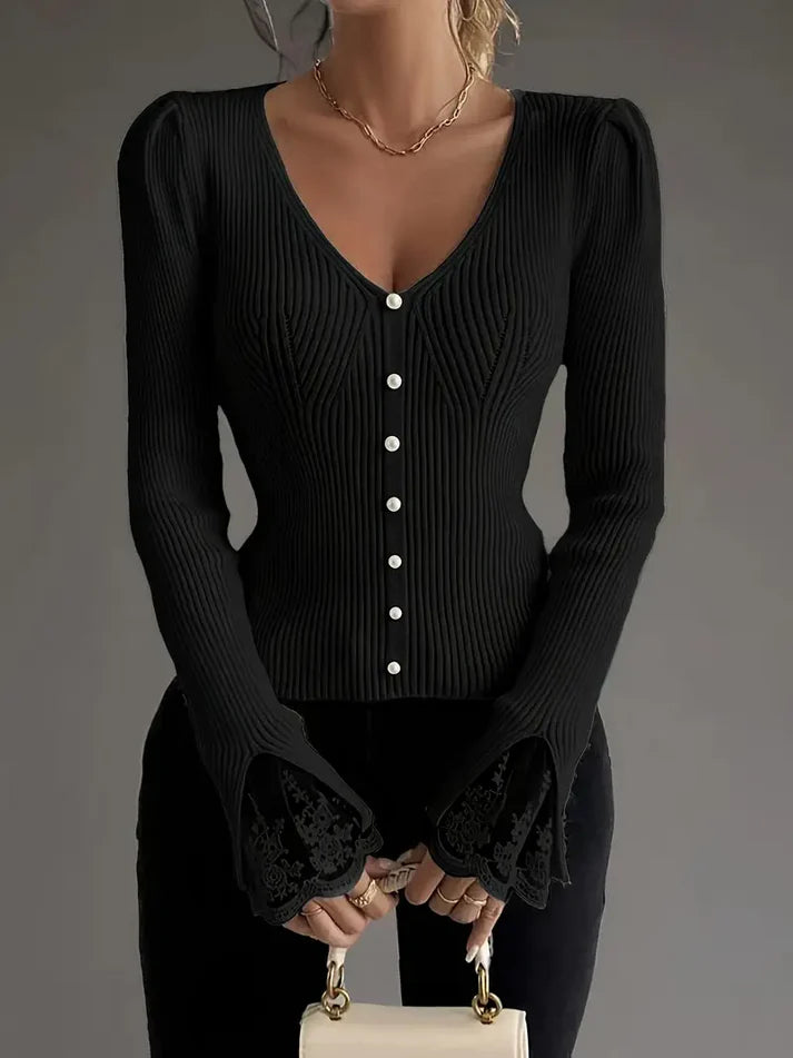 Marayelle™ | Ribbed V-Neck Lace Sleeved Sweater