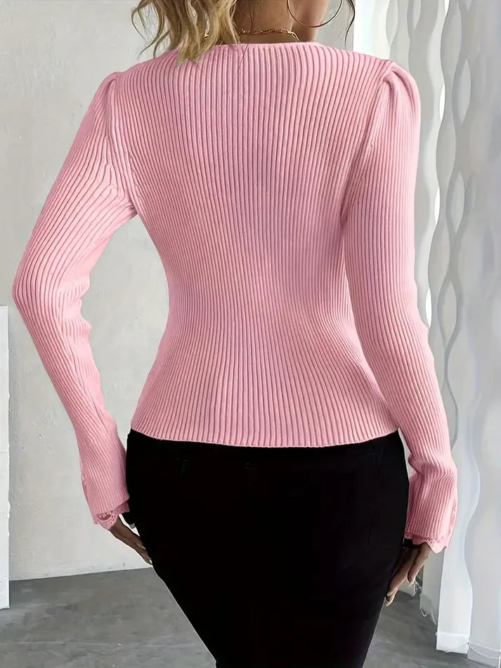 Marayelle™ | Ribbed V-Neck Lace Sleeved Sweater