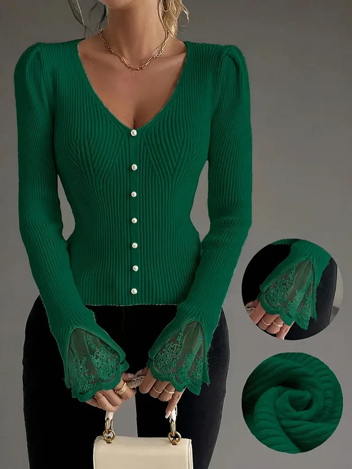 Marayelle™ | Ribbed V-Neck Lace Sleeved Sweater