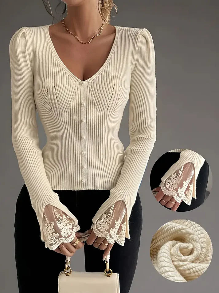 Marayelle™ | Ribbed V-Neck Lace Sleeved Sweater
