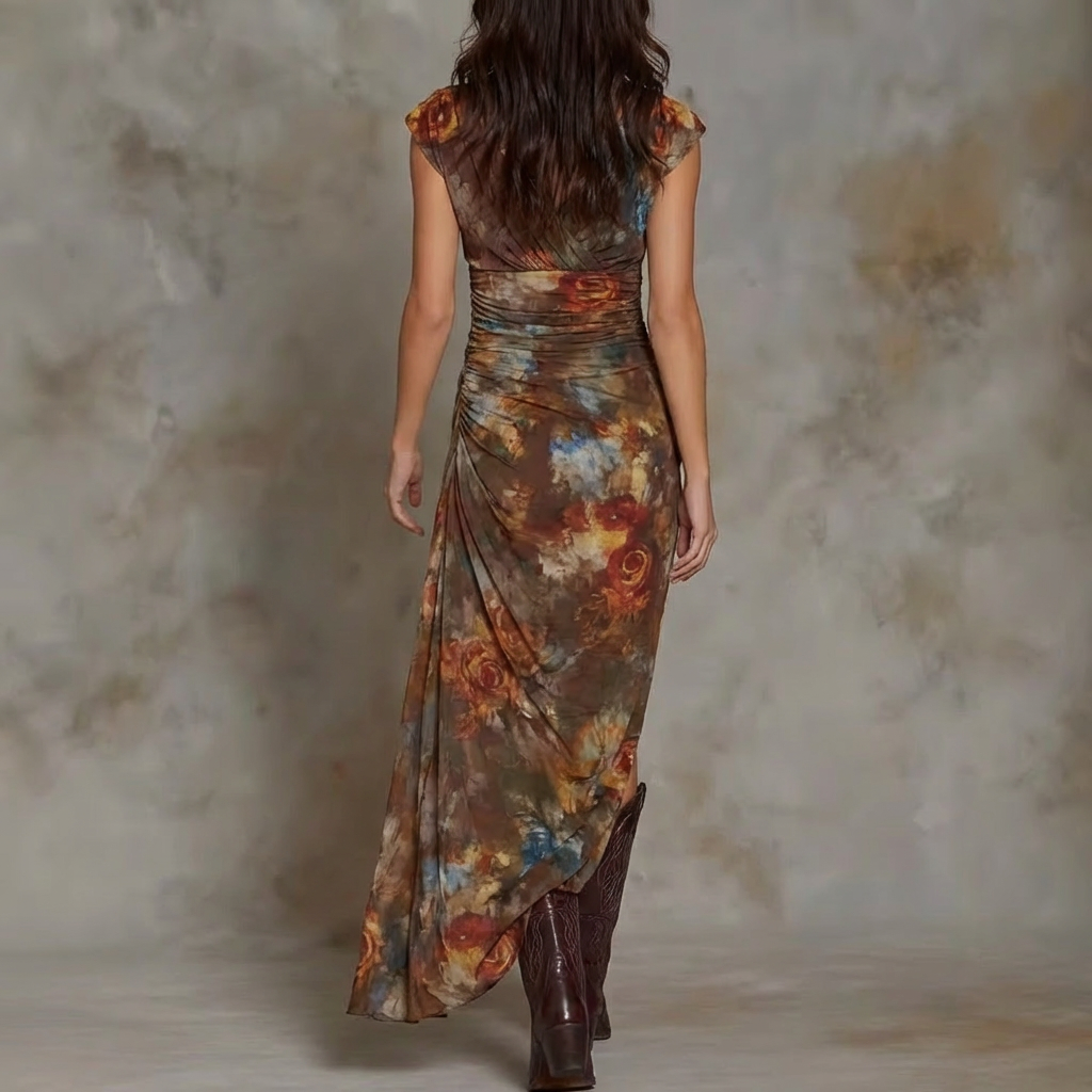 Harper | Bohemian Abstract V-Neck Pleated Midi Dress