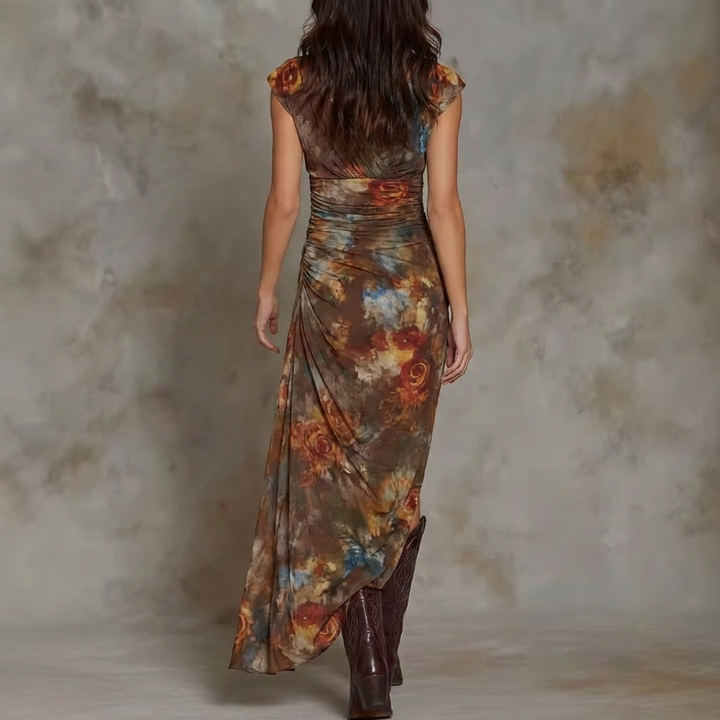 Harper | Bohemian Abstract V-Neck Pleated Midi Dress