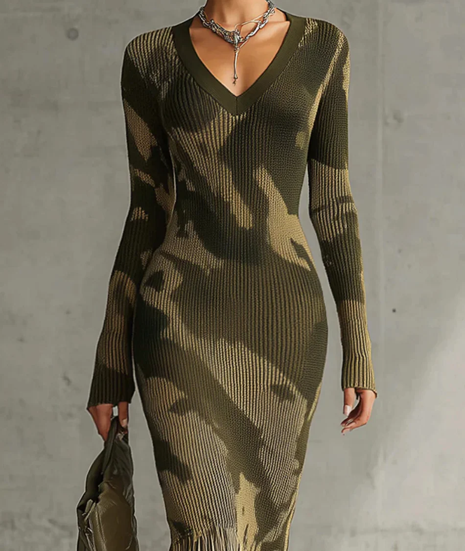 Thalina™ | V-Neck Knit Dress in Camo Print