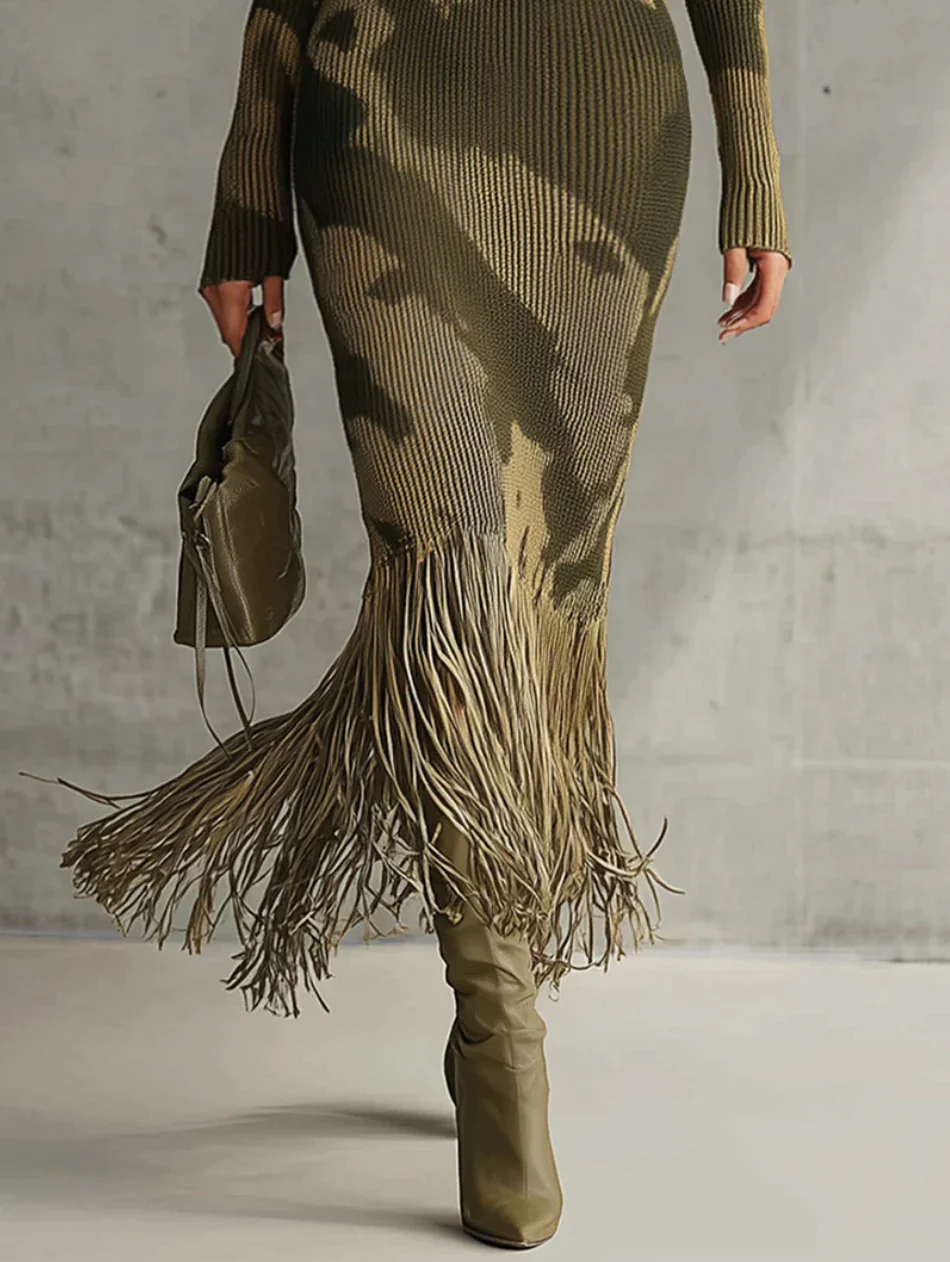 Thalina™ | V-Neck Knit Dress in Camo Print
