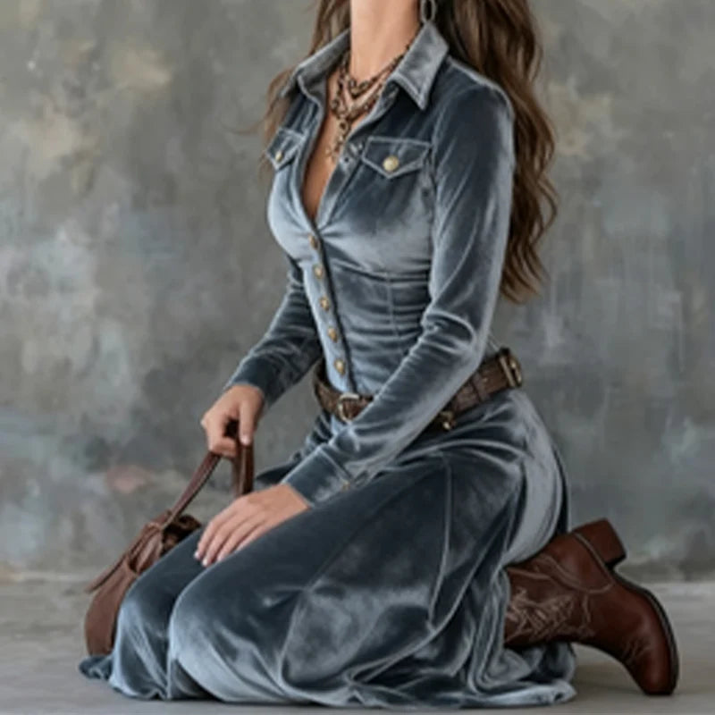 Ysara™ | Buttoned Velvet Maxi Dress